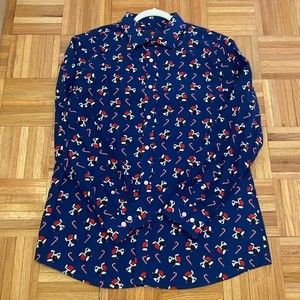 Large Simon Banks Pugs Dog & Candy Cane Long Sleeve Button Up Collared Shirt